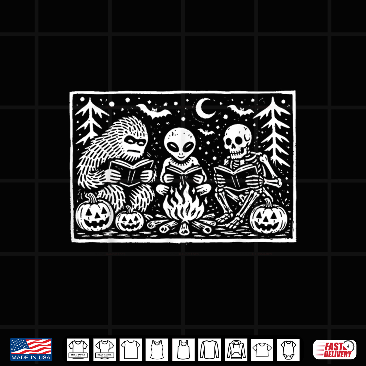 Funny Bigfoot Alien Skeleton Reading Books Halloween Camping Shirt Funny Bigfoot Alien Skeleton Reading Books Halloween Camping Shirt