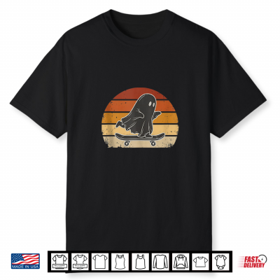 Retro Sunset Halloween Ghost Skateboard Spooky Skater Shirt
