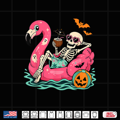 Summerween Funny Skeleton Flamingo Pool Float Tropical Swim Shirt 4 Design Summerween Funny Skeleton Flamingo Pool Float Tropical Swim Shirt