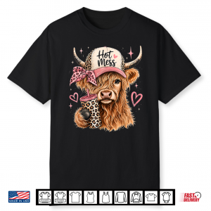 Hot Mess Leopard Highland Cow Funny Coffee Lover Shirt