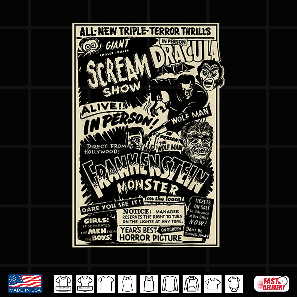Horror Movie Monster Mummy Dracula Werewolf Frankenstein Shirt