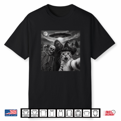 Cat Selfie With Bigfoot Skeleton Alien Ufo Cat Lover Shirt