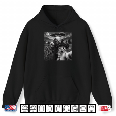 Hoodie Cat Selfie With Bigfoot Skeleton Alien UFO Cat Lover Shirt 1
