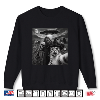 Sweatshirt Cat Selfie With Bigfoot Skeleton Alien UFO Cat Lover Shirt 1