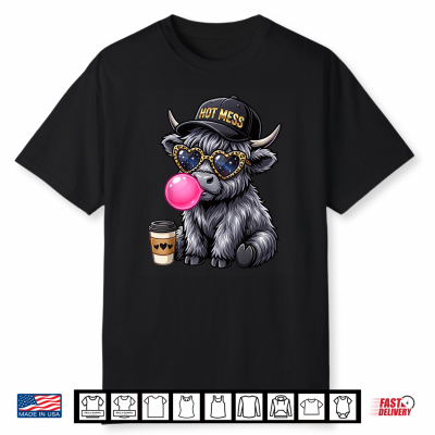 Hot Mess Highland Cow Blowing Bubblegum Cute Coffee Lover Shirt