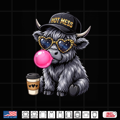 Hot Mess Highland Cow Blowing Bubblegum Cute Coffee Lover Shirt 4 Design Hot Mess Highland Cow Blowing Bubblegum Cute Coffee Lover Shirt