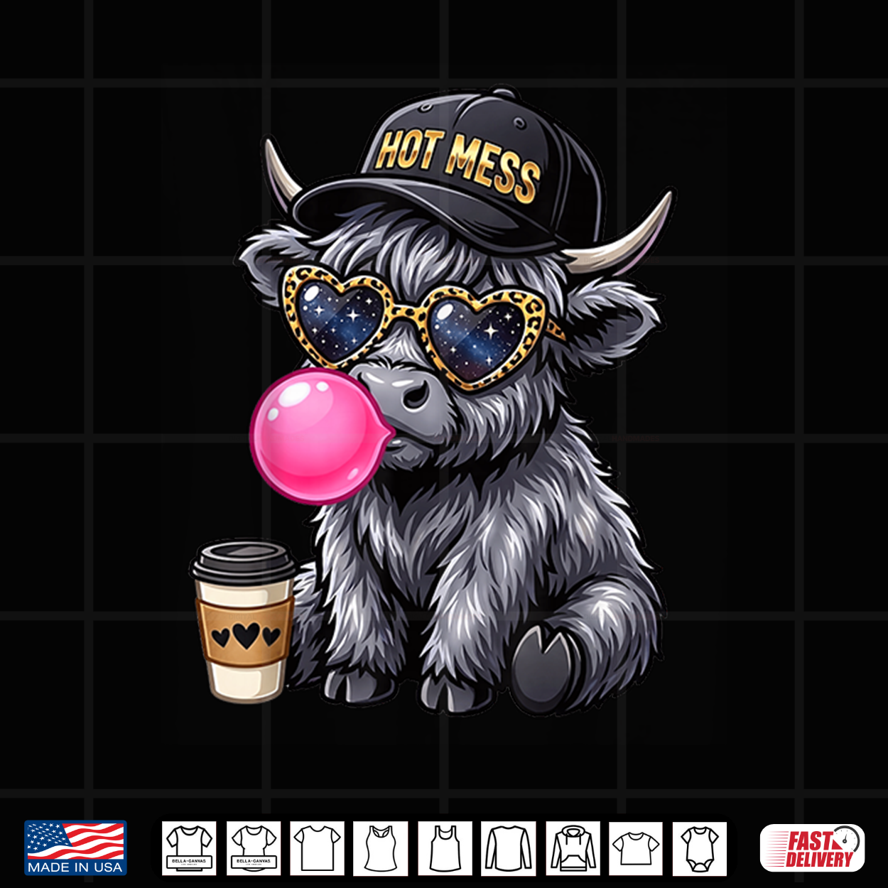 Hot Mess Highland Cow Blowing Bubblegum Cute Coffee Lover Shirt Hot Mess Highland Cow Blowing Bubblegum Cute Coffee Lover Shirt