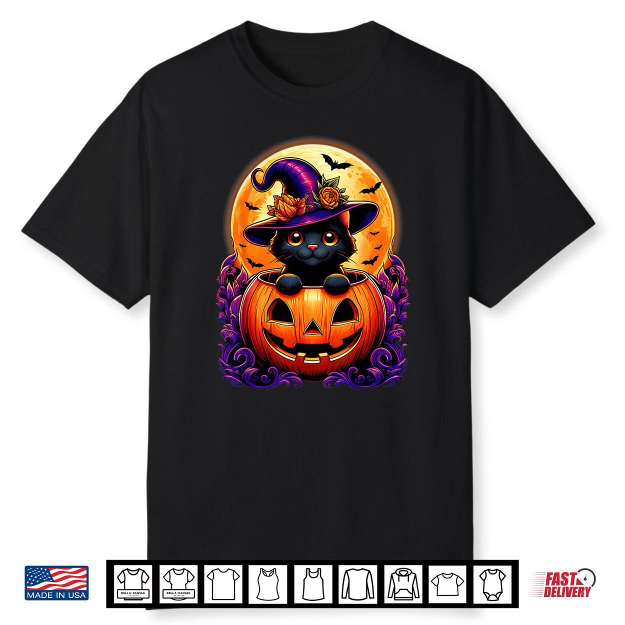 Black Cat Witch Hat Pumpkin Funny Halloween Men Women Kids Shirt