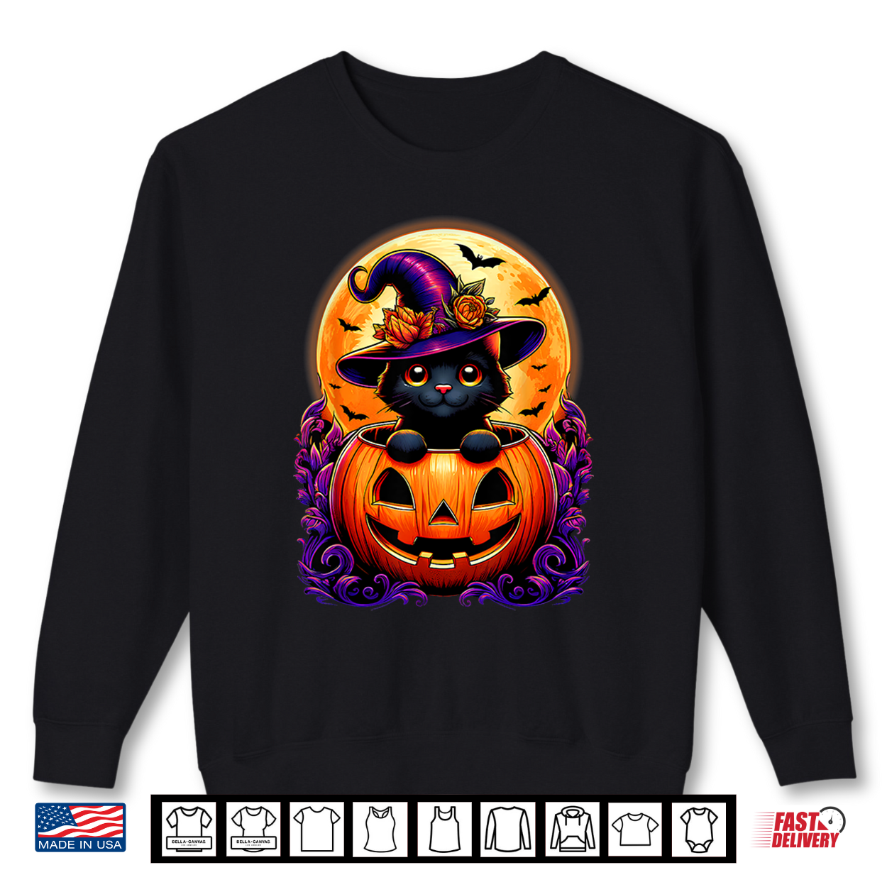 Black Cat Witch Hat Pumpkin Funny Halloween Men Women Kids Shirt