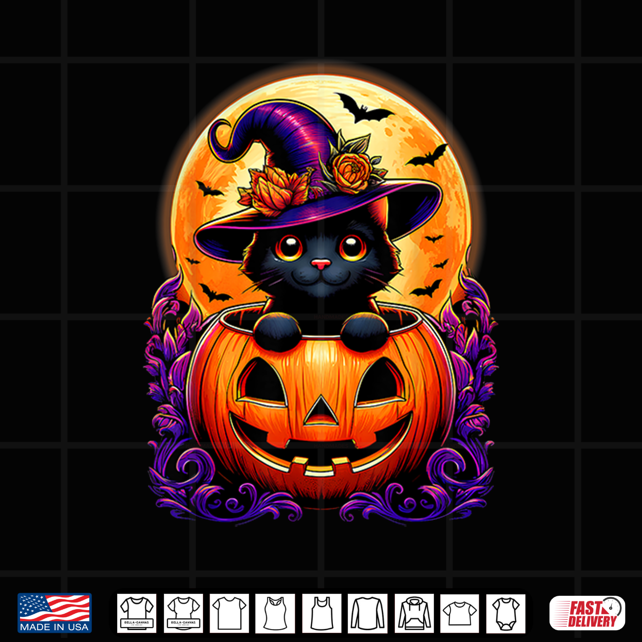 Black Cat Witch Hat Pumpkin Funny Halloween Men Women Kids Shirt