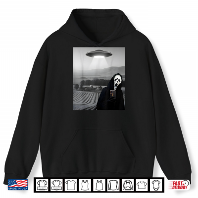 Hoodie Cute Scary Face Horror Ghost Selfie with Alien UFO Funny Shirt