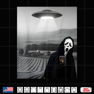 Design Cute Scary Face Horror Ghost Selfie with Alien UFO Funny Shirt