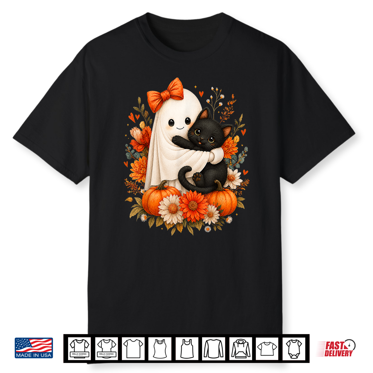 Halloween Cute Ghost Cat Pumpkin Floral Bow Girl Women Shirt