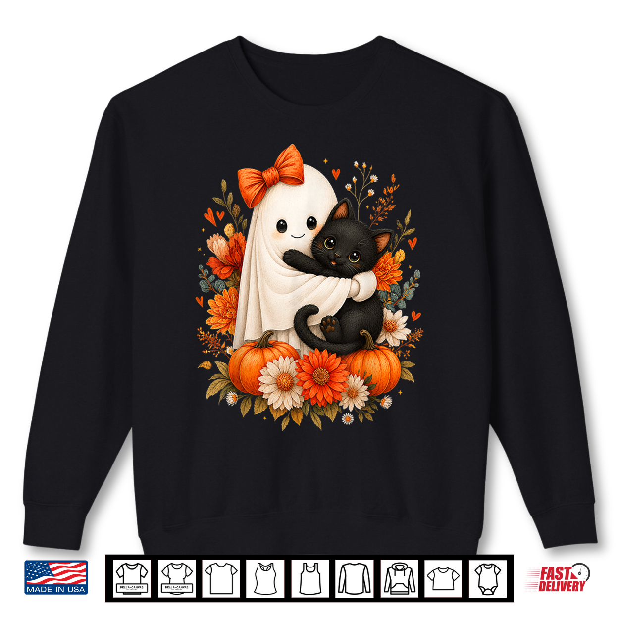 Halloween Cute Ghost Cat Pumpkin Floral Bow Girl Women Shirt