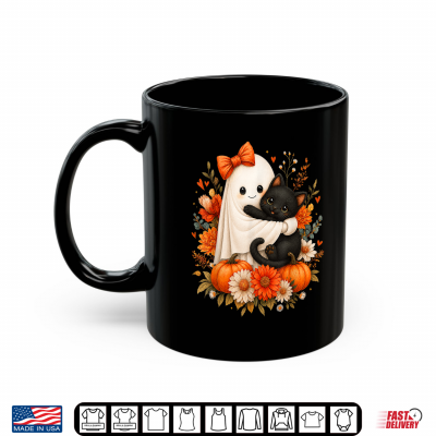 Mug Halloween Cute Ghost Cat Pumpkin Floral Bow Girl Women Shirt