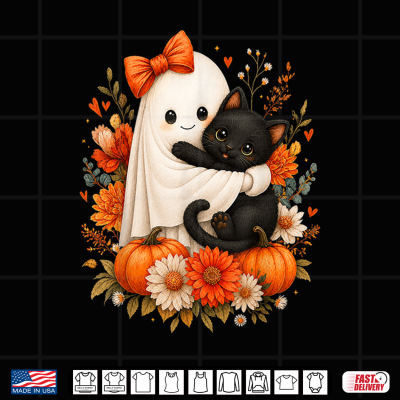 Design Halloween Cute Ghost Cat Pumpkin Floral Bow Girl Women Shirt