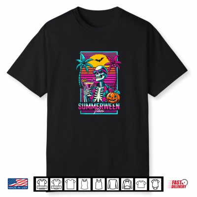 Summerween Vibes Beach Party Skeleton 80S Vaporwave Funny Shirt