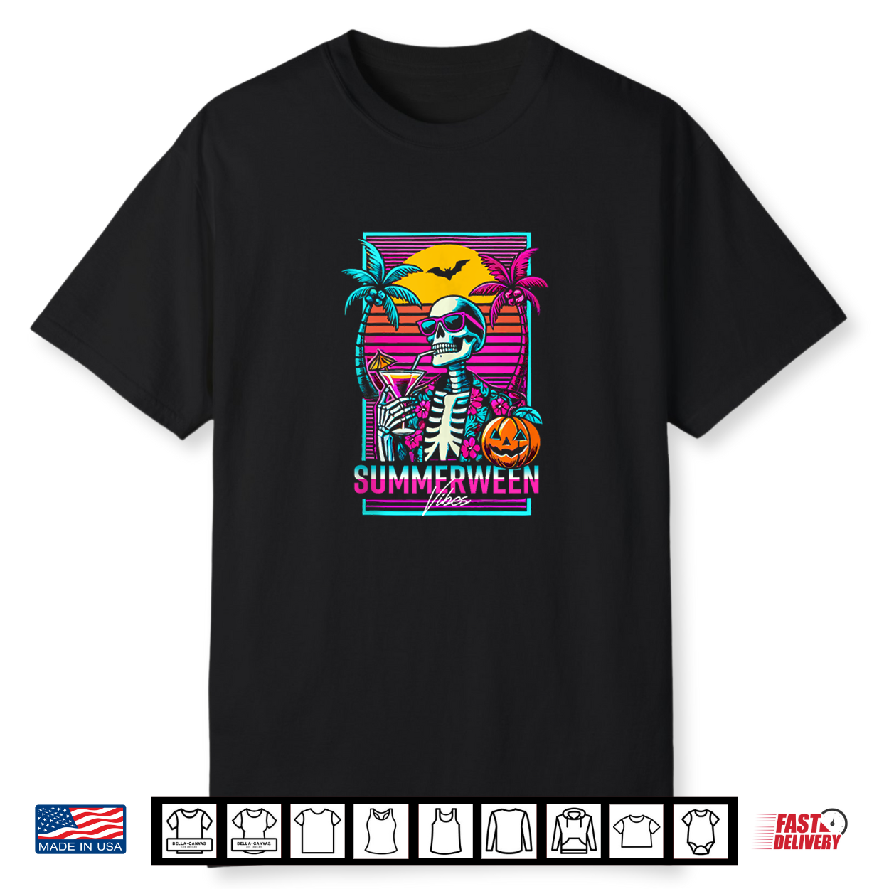 Summerween Vibes Beach Party Skeleton 80S Vaporwave Funny Shirt