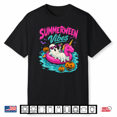 Summerween Vibes Spooky Ghost Unicorn Beach Halloween Girls Shirt