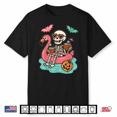 Funny Summerween Skeleton Floating In Flamingo Cute Spooky Shirt