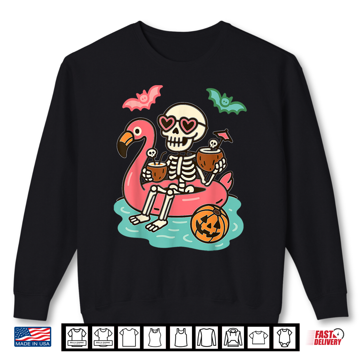 Funny Summerween Skeleton Floating In Flamingo Cute Spooky Shirt