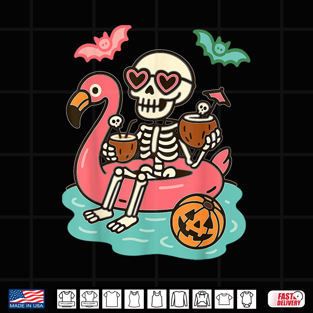 Funny Summerween Skeleton Floating In Flamingo Cute Spooky Shirt