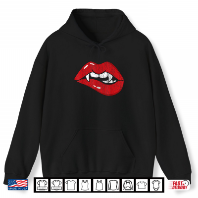 Hoodie Retro Dracula Vampire Red Lips Teeth Bite Halloween Costume Shirt