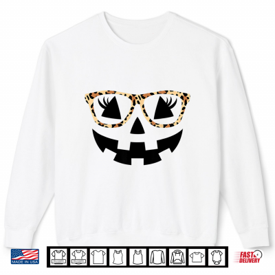 Sweatshirt Jack O Lantern Face Pumpkin Halloween Leopard Print Glasses Shirt