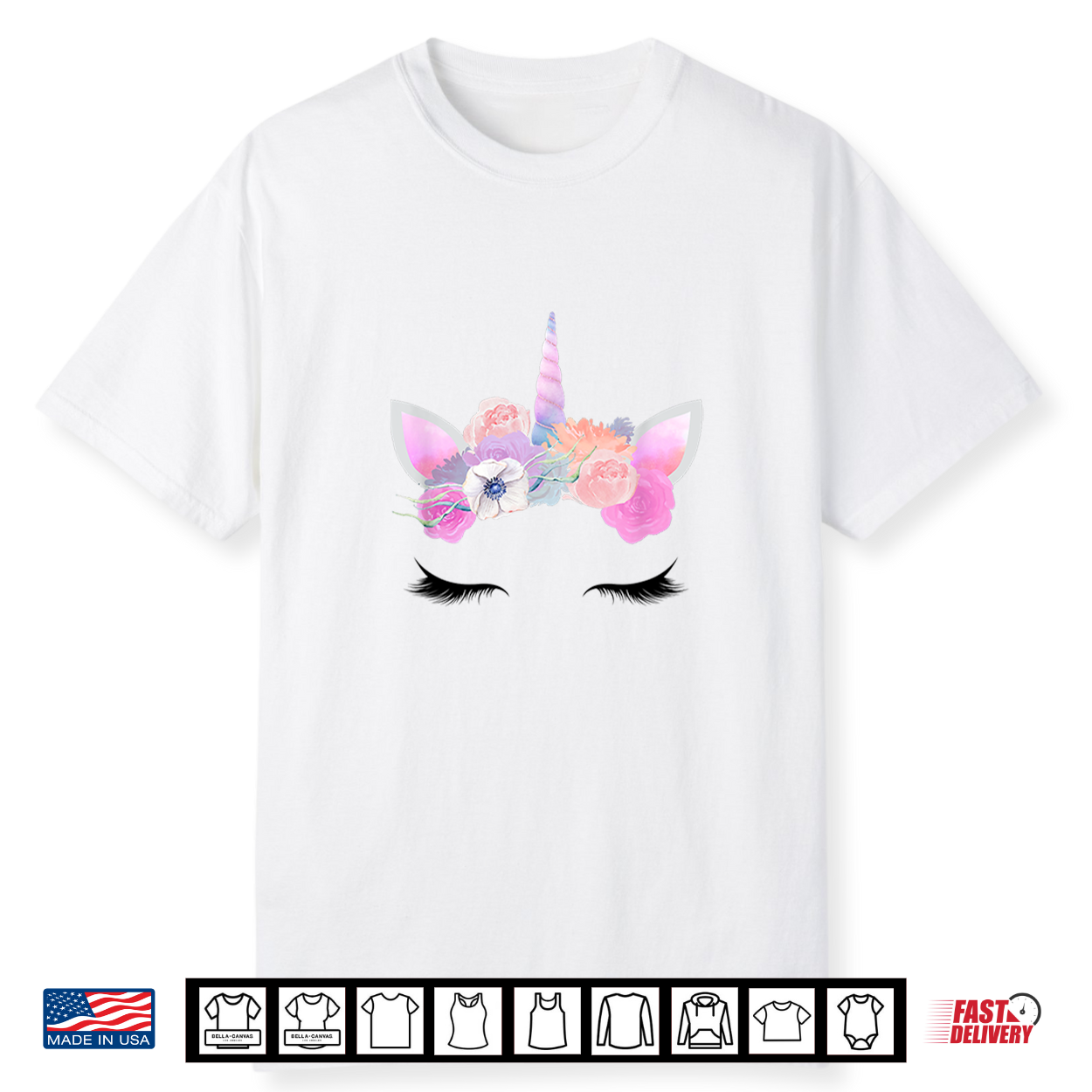 Pink Unicorn Halloween Costume Face Eyelashes Horn Flowers Shirt