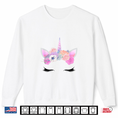 Sweatshirt Pink Unicorn Halloween Costume Face Eyelashes Horn Flowers Shirt