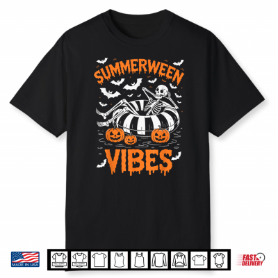 Summerween Vibes Skeleton Floating Pool Pumpkin Halloween Shirt