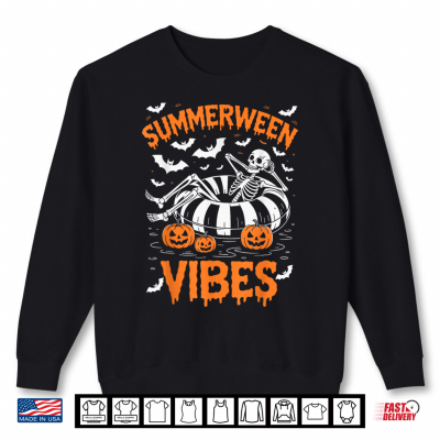 Sweatshirt Summerween Vibes Skeleton Floating Pool Pumpkin Halloween Shirt