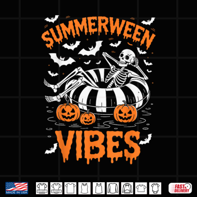 Design Summerween Vibes Skeleton Floating Pool Pumpkin Halloween Shirt