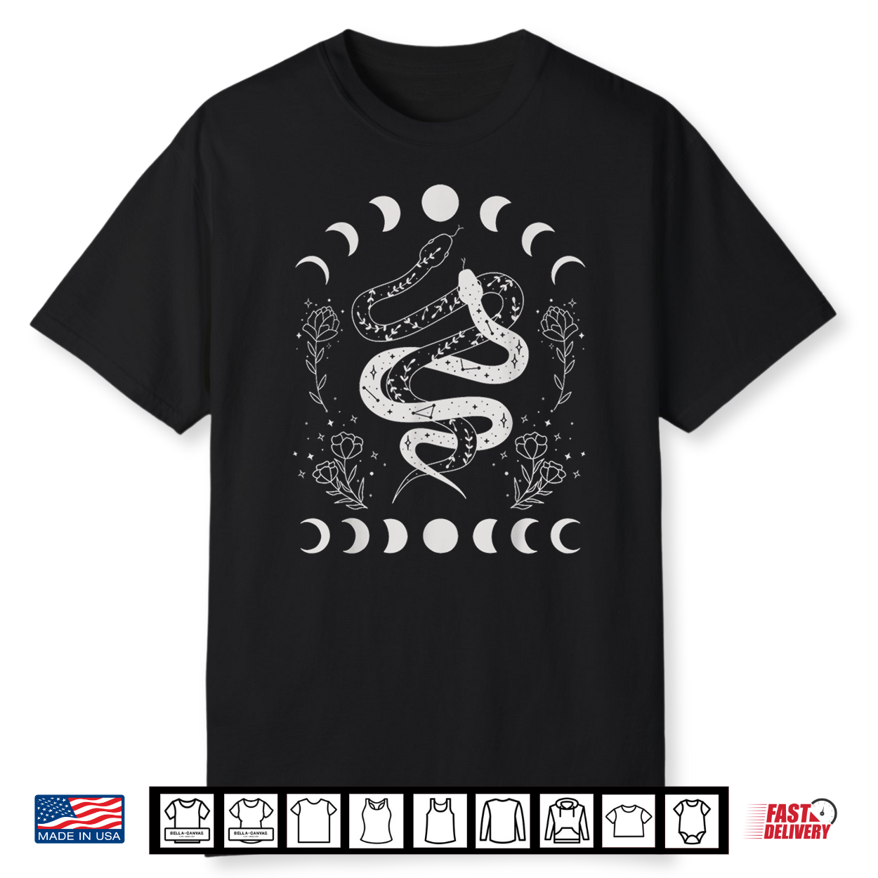 Snake And Moon Phases Celestial Floral Witchy Halloween Shirt