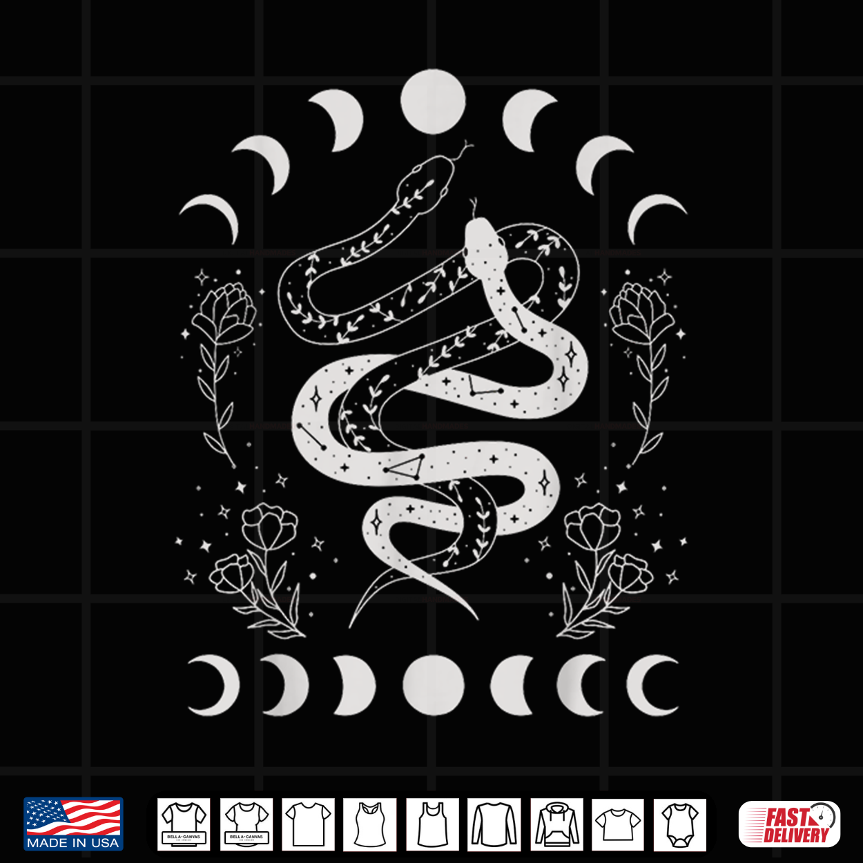 Snake And Moon Phases Celestial Floral Witchy Halloween Shirt
