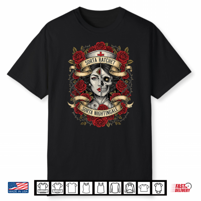 Sorta Ratchet Nightingale Gothic Nurse Skeleton Skull Floral Shirt