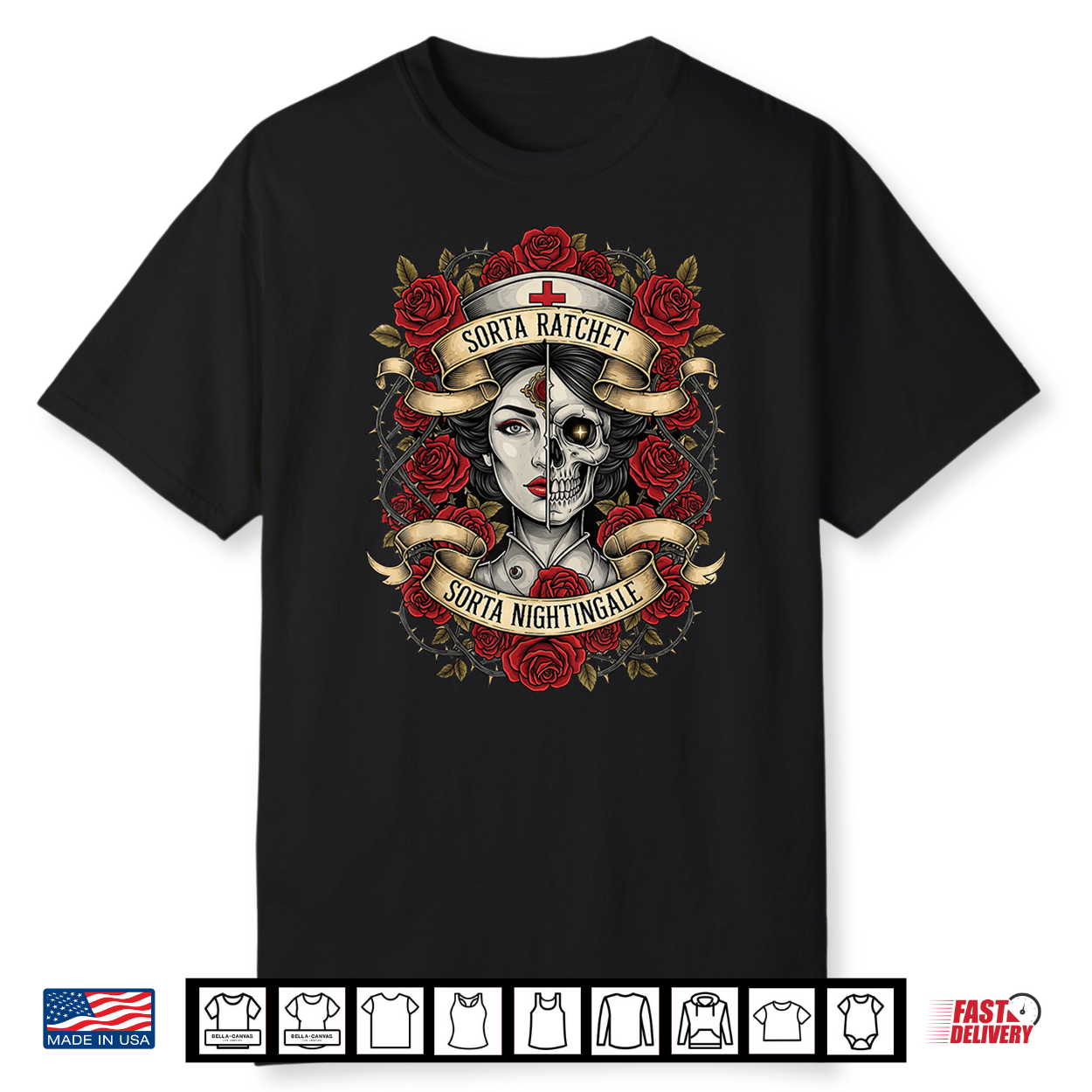 Sorta Ratchet Nightingale Gothic Nurse Skeleton Skull Floral Shirt