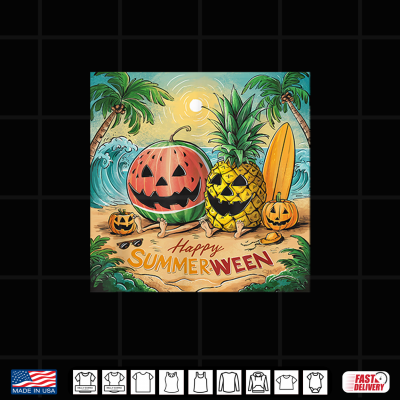 Design Happy Summerween Watermelon Pineapple Beach Vibes Halloween Shirt