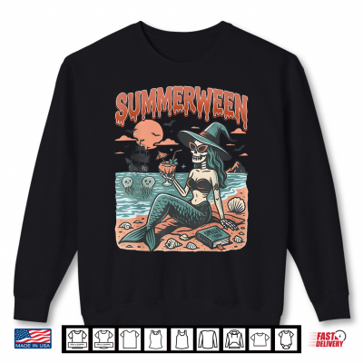Sweatshirt Summerween Mermaid Skeleton Beach Flamingo Halloween Shirt