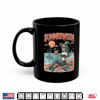 Mug Summerween Mermaid Skeleton Beach Flamingo Halloween Shirt
