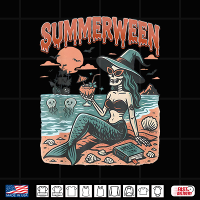 Design Summerween Mermaid Skeleton Beach Flamingo Halloween Shirt