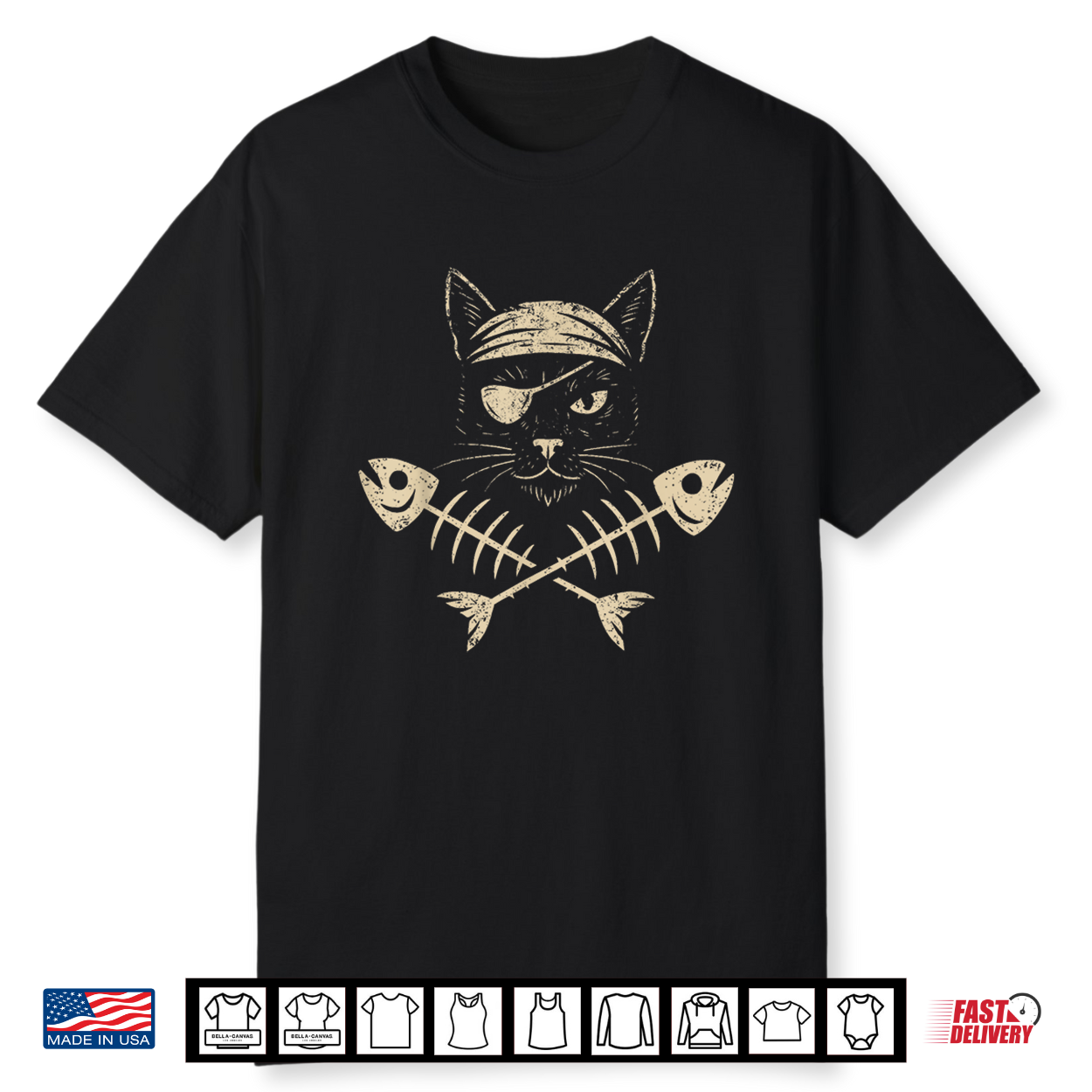 Vintage Pirate Black Cat Crossbones Halloween Shirt
