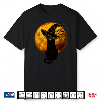 Beautiful Halloween Black Cat With Witch Hat Full Moon Cat Shirt