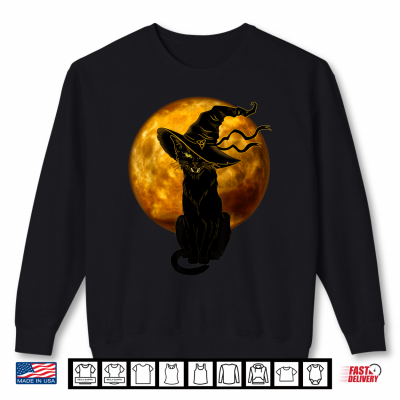 Sweatshirt Beautiful Halloween Black Cat With Witch Hat Full Moon Cat Shirt
