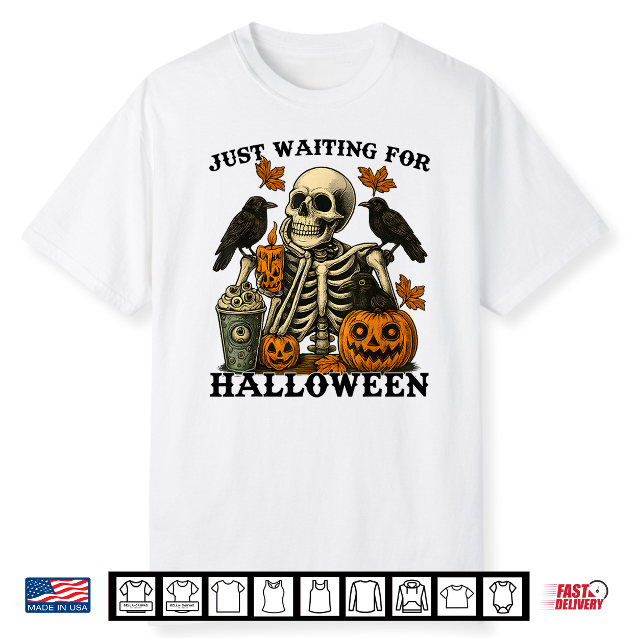 Just Waiting For Halloween Skeleton Coffee Jack O Lantern Shirt
