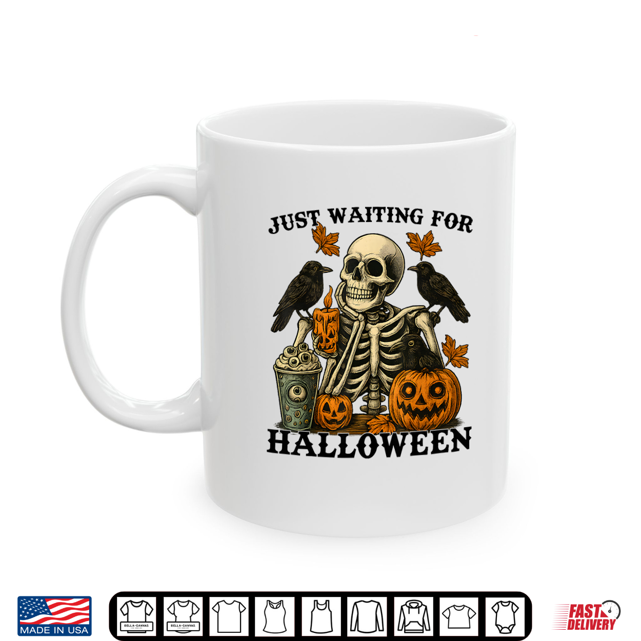 Just Waiting For Halloween Skeleton Coffee Jack O Lantern Shirt