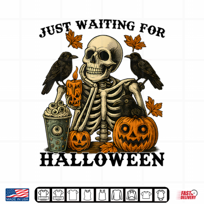 Design Just Waiting For Halloween Skeleton Coffee Jack O Lantern Shirt