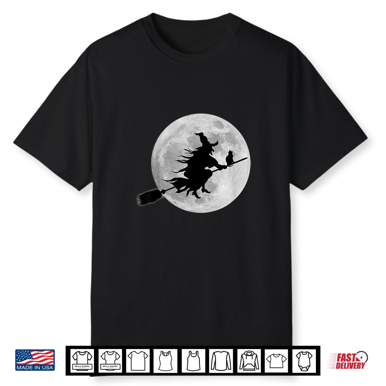 Flying Witch On Broomstick Halloween Full Moon Black Cat Shirt Flying Witch On Broomstick Halloween Full Moon Black Cat Shirt