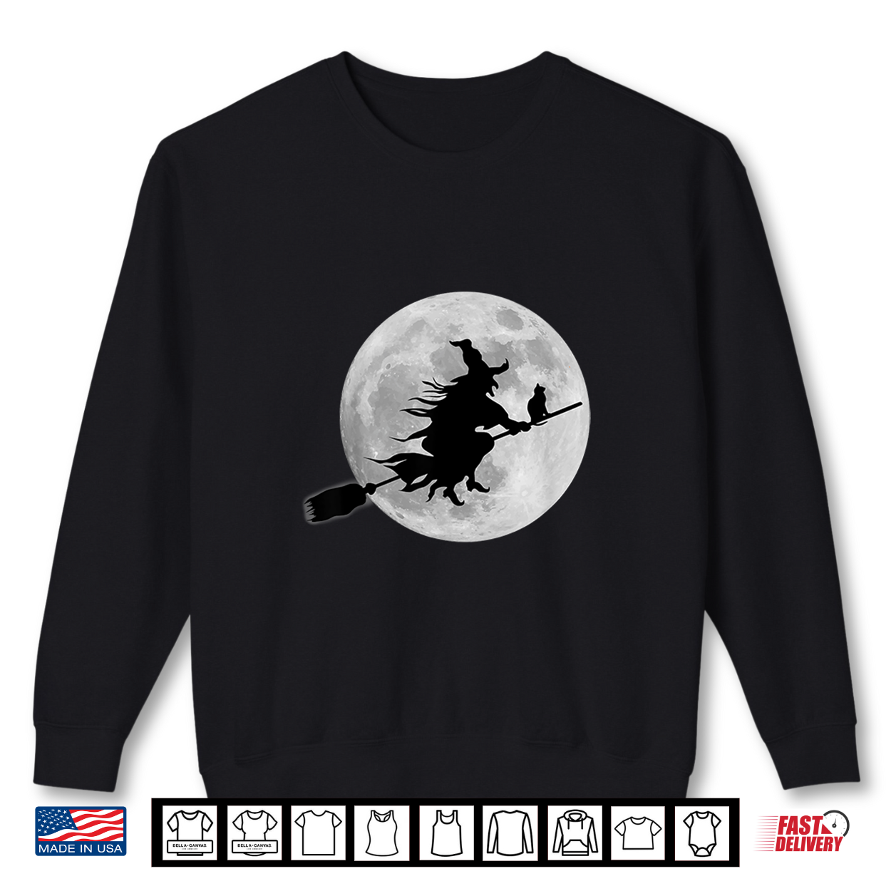 Flying Witch On Broomstick Halloween Full Moon Black Cat Shirt Flying Witch On Broomstick Halloween Full Moon Black Cat Shirt