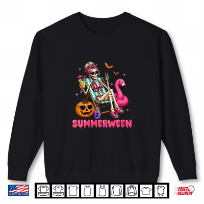 Sweatshirt Funny Summerween Skeleton Floating In Flamingo Beach Summer Shirt
